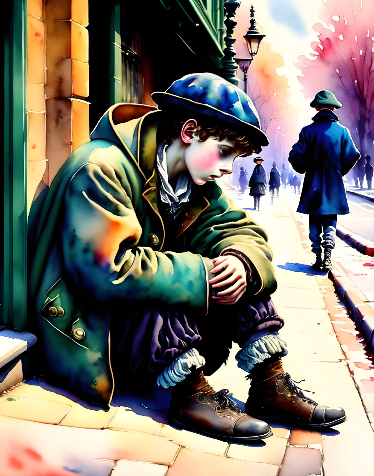 Illustration of somber young boy on sidewalk with passersby.