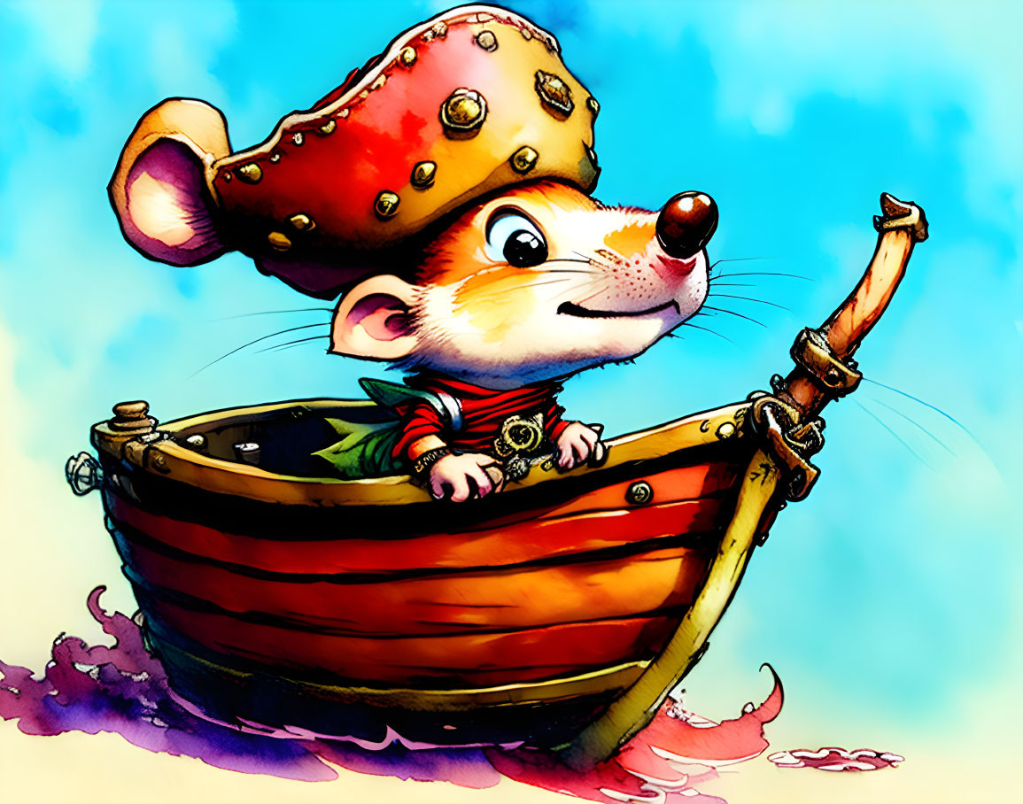 Anthropomorphic mouse as pirate captain on boat