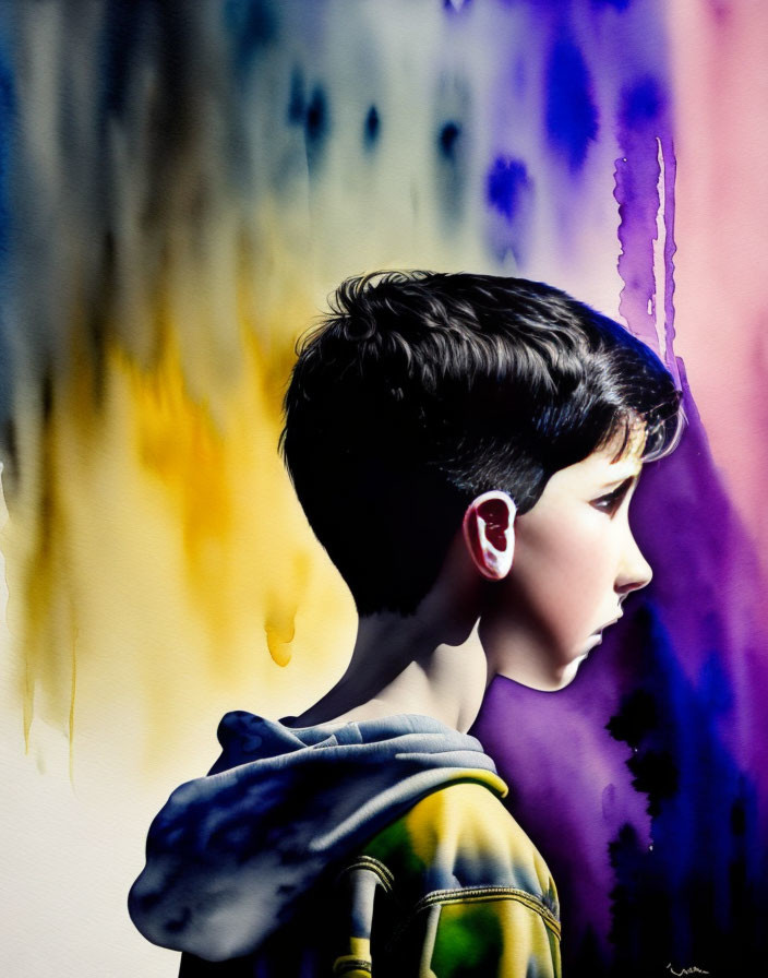 Vividly painted backdrop in portrait of young boy