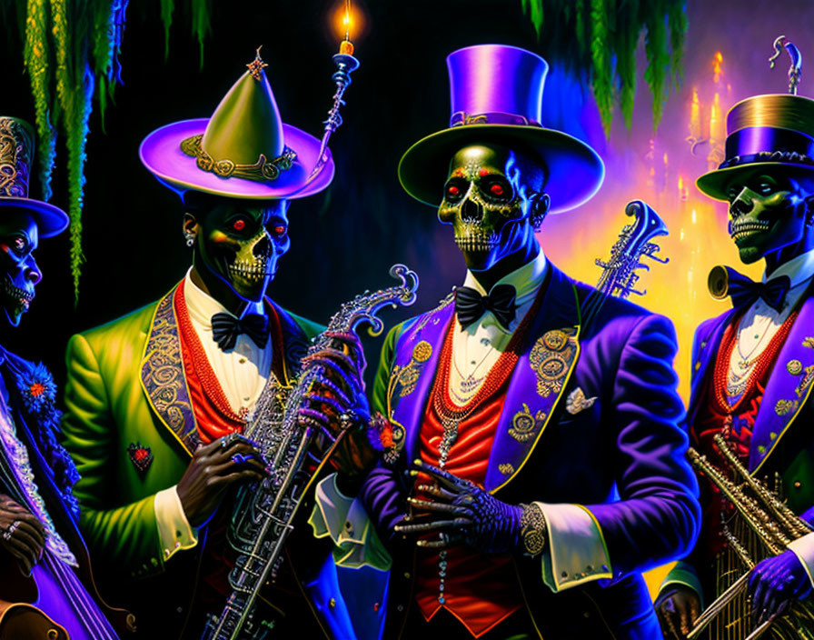 Colorful Skeleton Musicians in Elegant Attire Playing Saxophone and Guitar