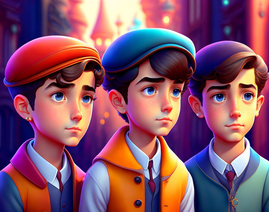 Three animated boys with expressive eyes in front of purple street scene