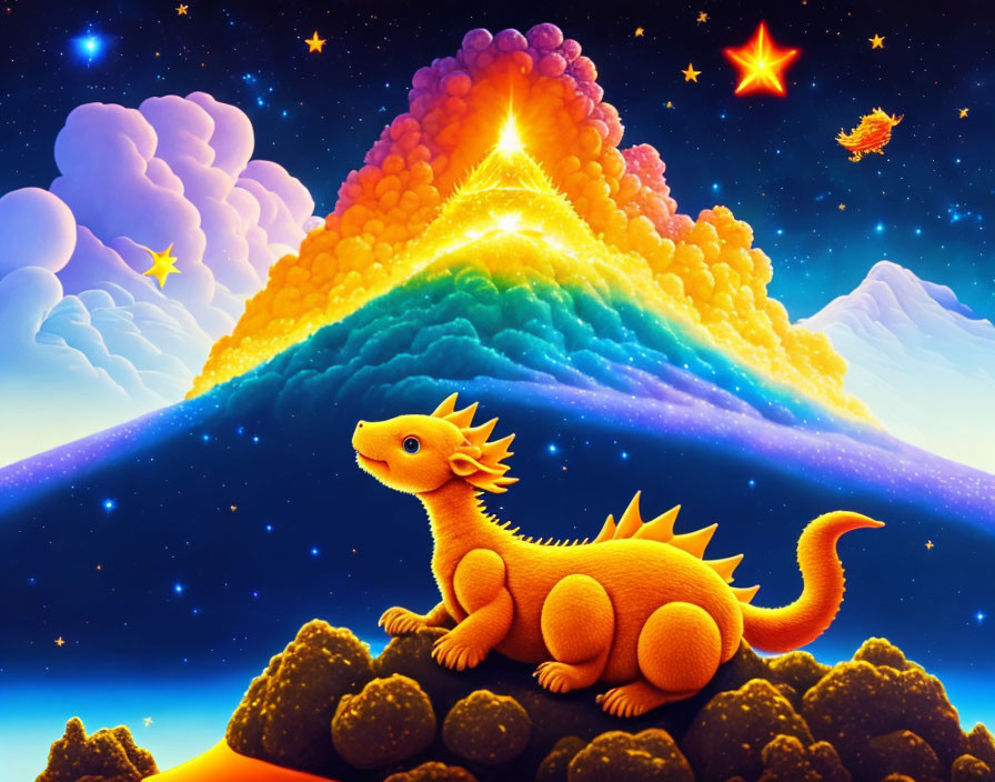 Colorful illustration: Yellow dragon under starry sky with rainbow mountain