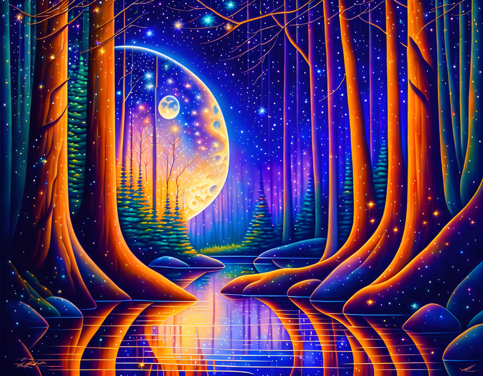 Enchanting forest at night with full moon, river, towering trees, stars