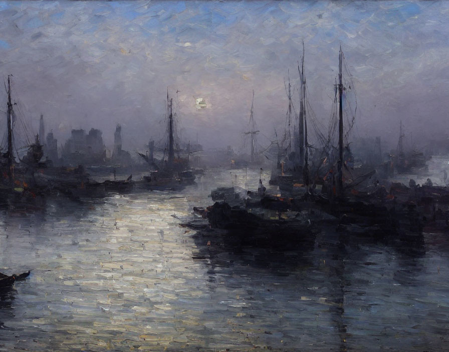 Impressionist painting: Industrial harbor at dusk