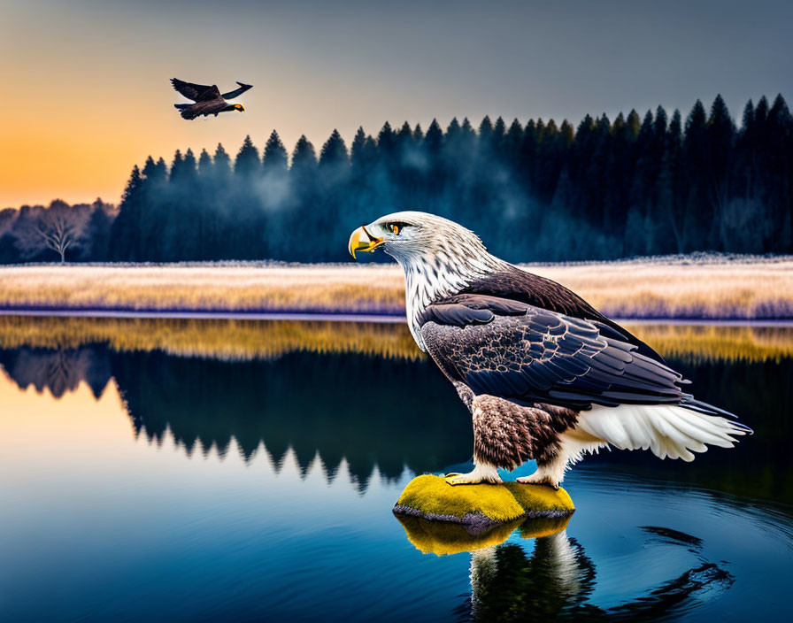 Bald Eagle on Mossy Rock in Tranquil Lake at Dusk