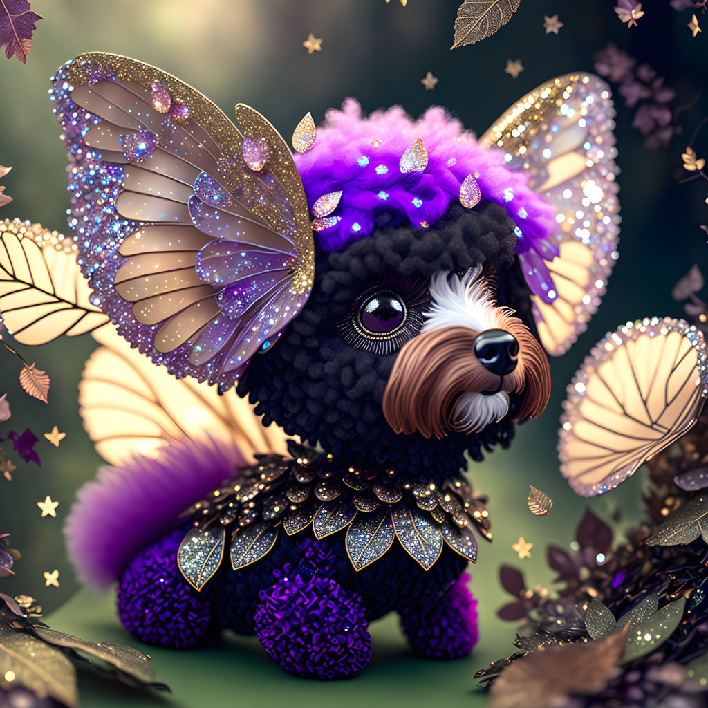 Fantasy-inspired black poodle with purple accents and butterfly wings