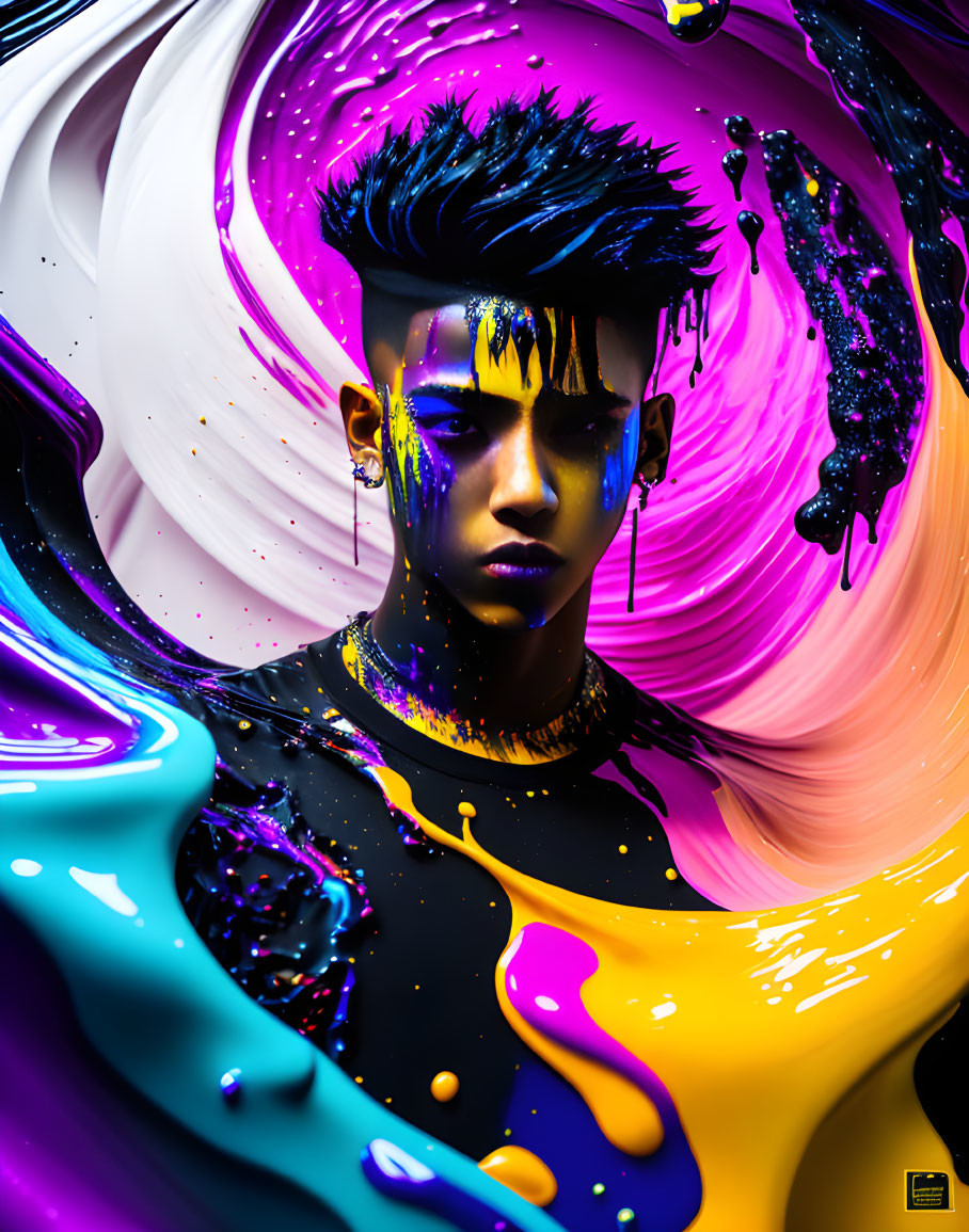 Vibrant digital artwork of person with edgy hairstyle in purple, white, and yellow swirls