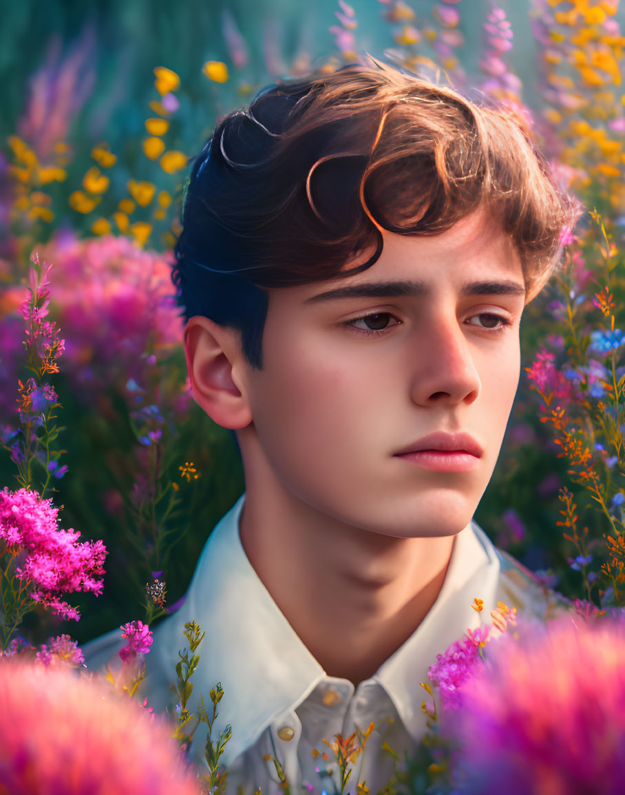 Contemplative young person in vibrant wildflower setting