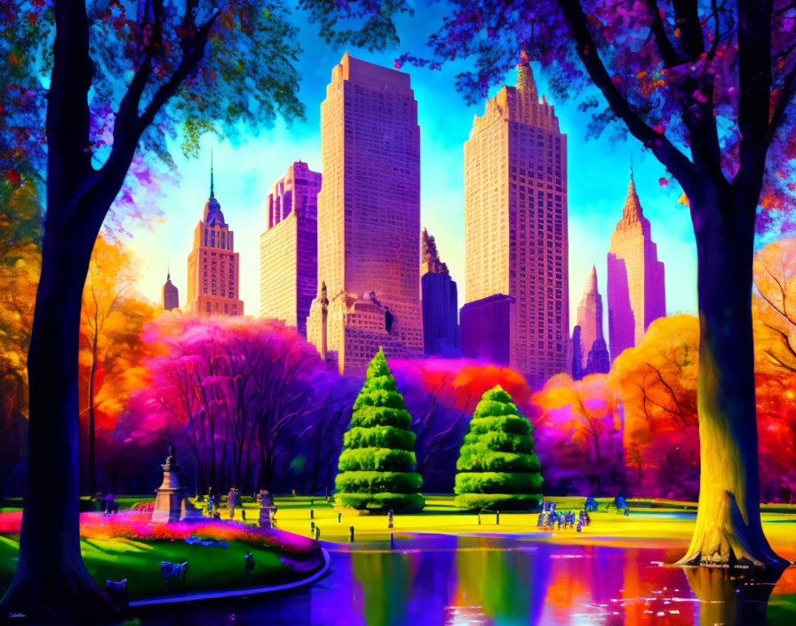 Colorful city park scene with vibrant trees, skyscrapers, and people on a sunny day