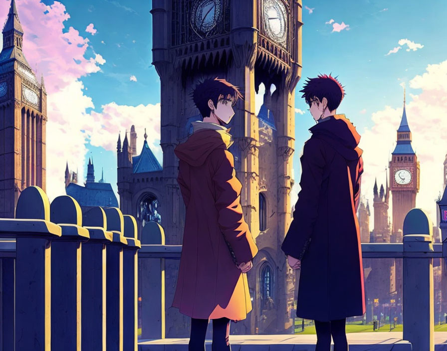 Anime characters near bridge and Big Ben at sunset