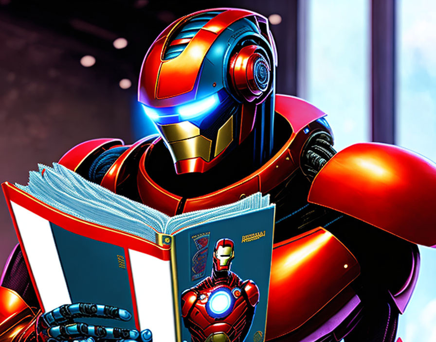 Futuristic illustration of Iron Man reading book in armor