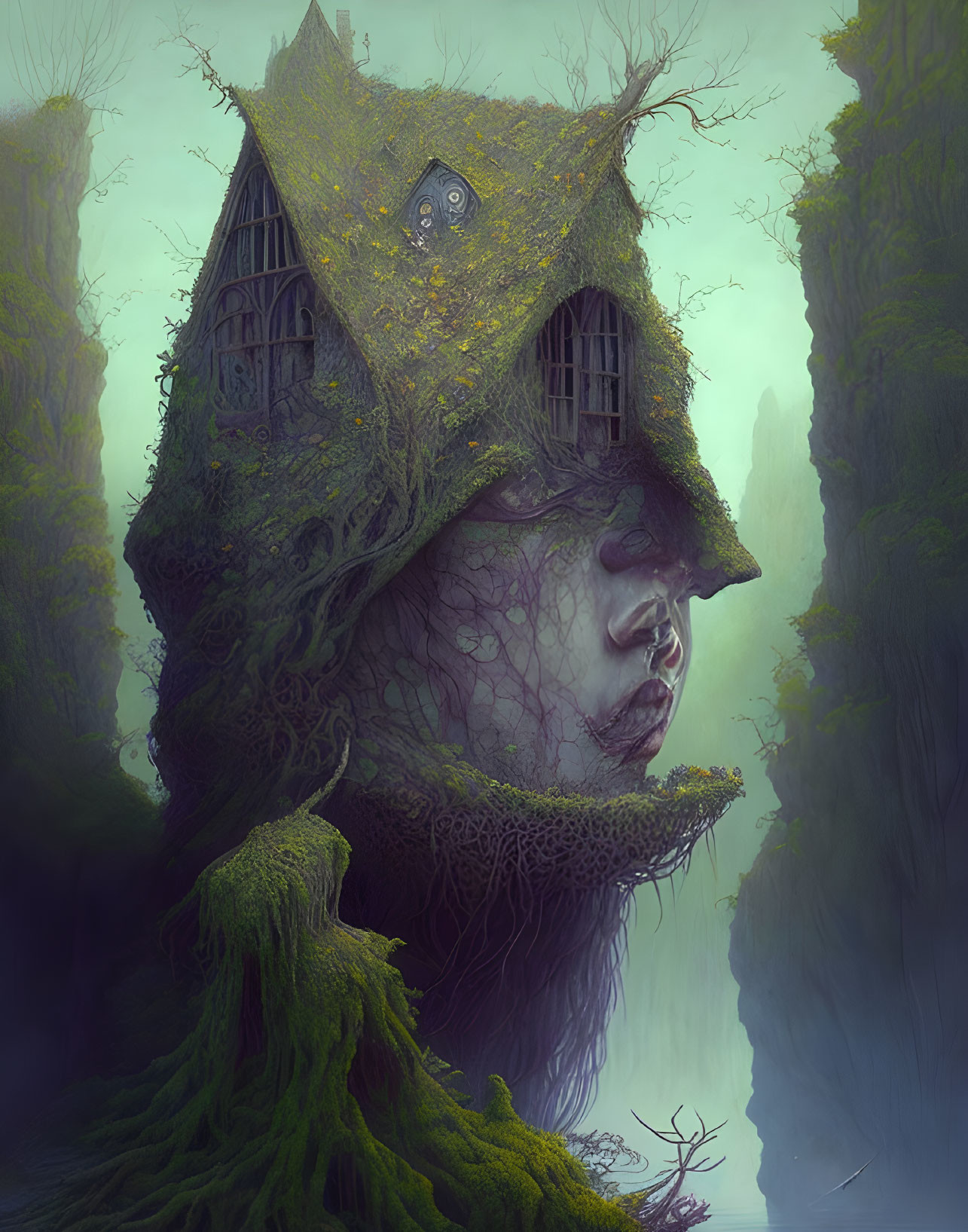 Surreal artwork: serene female face merges with nature in misty forest