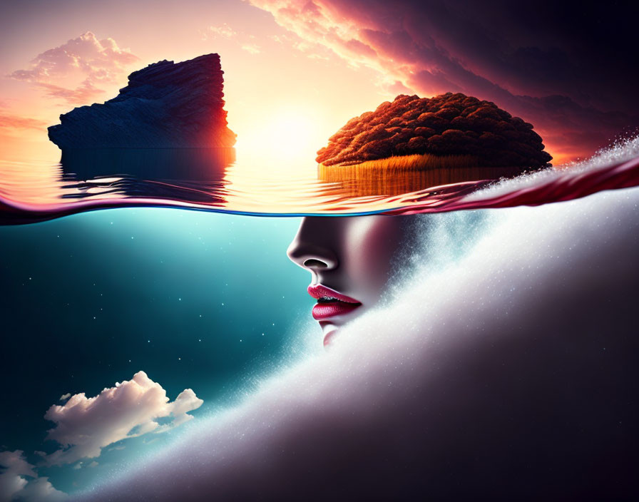 Surreal image of woman's face with iceberg, island, and starry sky reflected in water