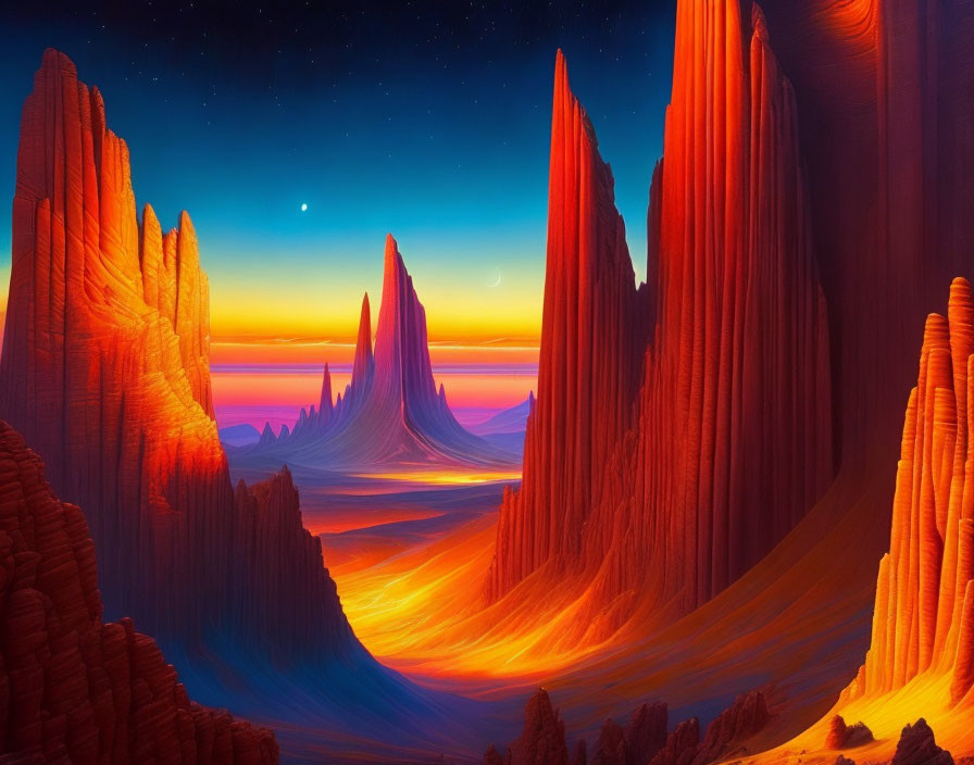 Colorful alien landscape with red rock formations under a starry sky