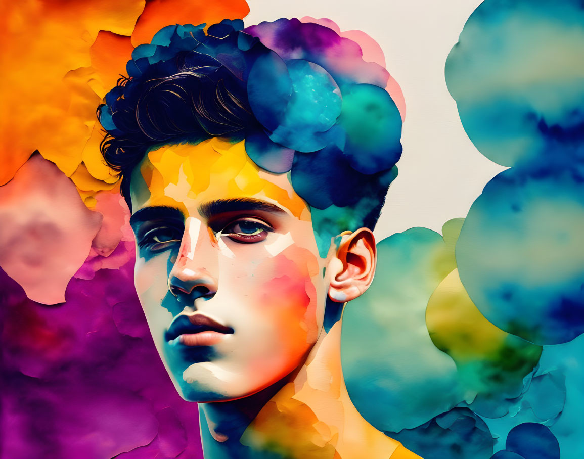 Vibrant digital artwork: person surrounded by colorful ink clouds