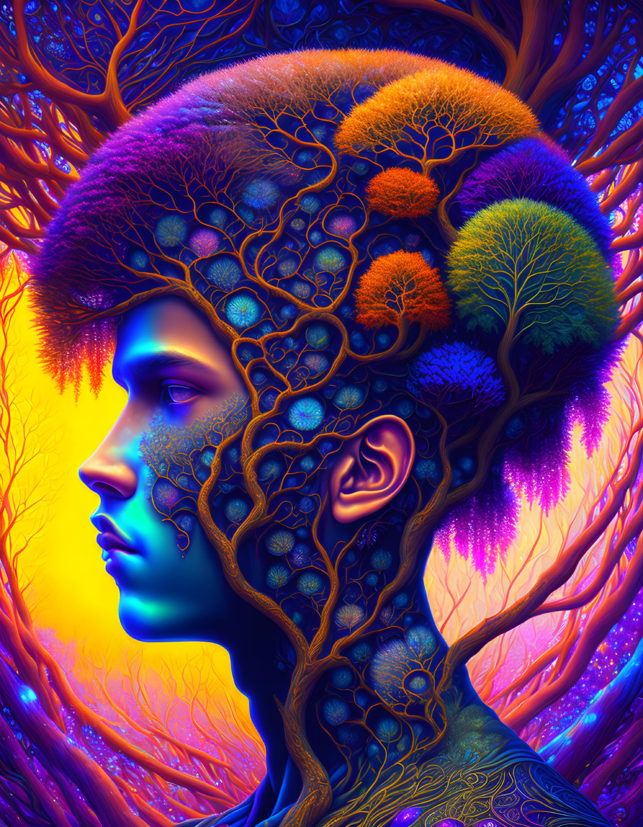 Colorful human head illustration with tree branches and foliage.