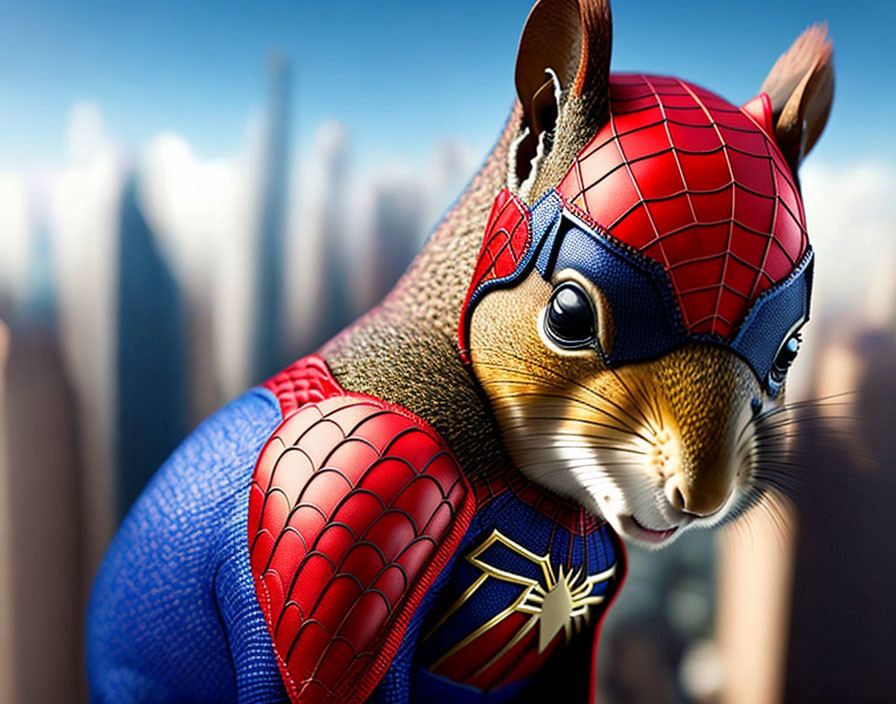 Digital artwork: Squirrel in Spider-Man costume against city skyline