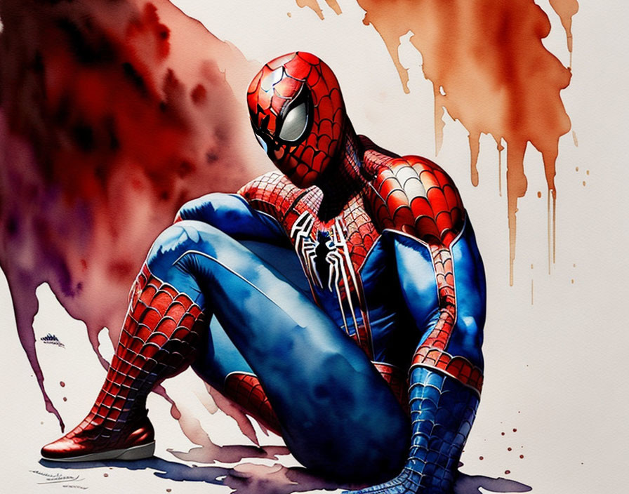 Spider-Man crouched on red and white splattered background