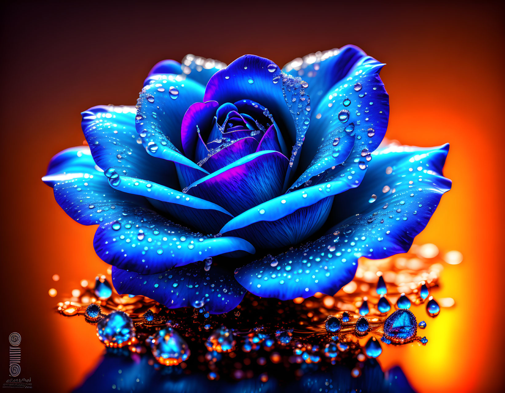 Digitally-altered blue rose with water droplets on glossy surface against warm orange backdrop