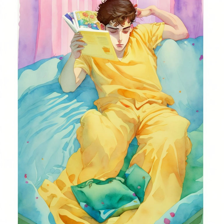 Person in yellow t-shirt reading book on blue bed