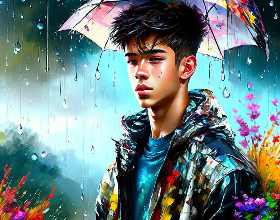 Vibrant illustration of young man with umbrella amidst colorful raindrops and flowers