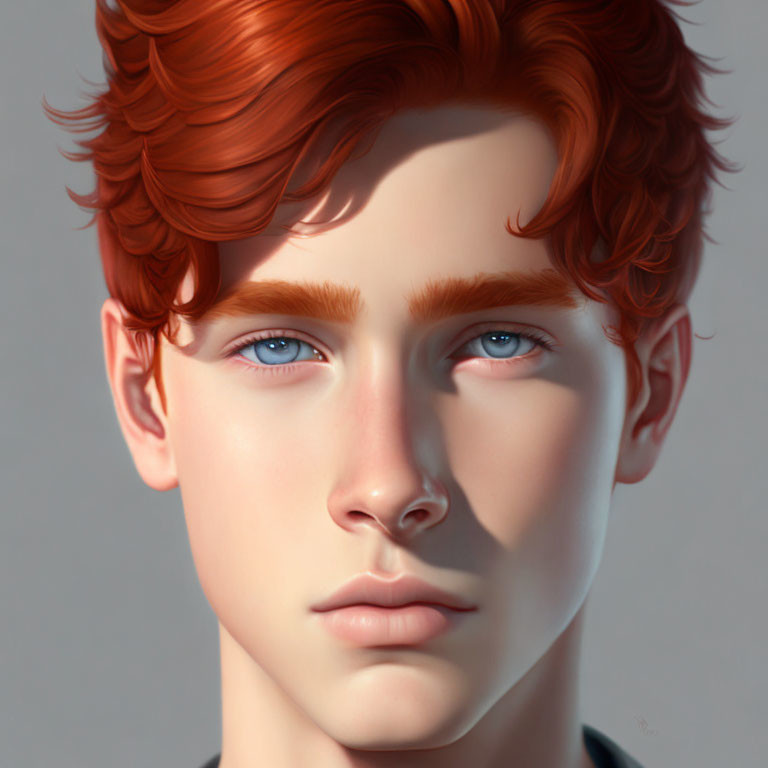 Young person portrait with red curly hair, blue eyes, fair skin, neutral expression