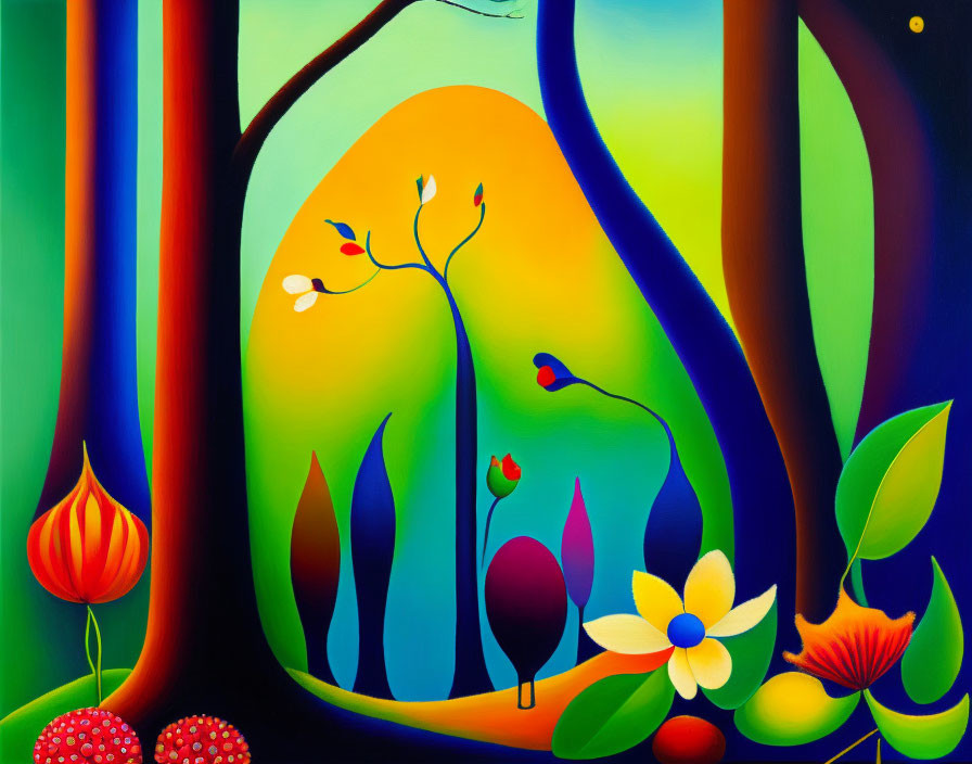 Colorful Fantasy Landscape Painting with Trees, Flowers, and Sun