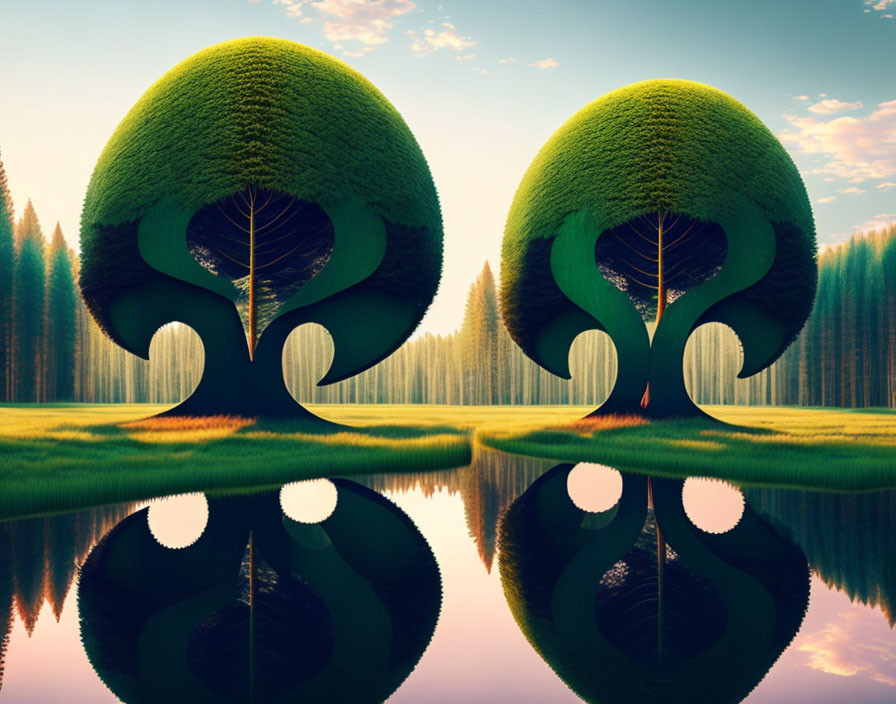 Symmetrical Trees with Round Canopies Reflected in Calm Lake