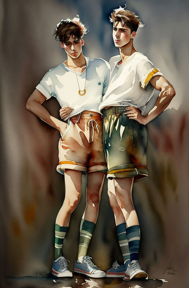 Stylized male figures in retro sporty attire against watercolor backdrop