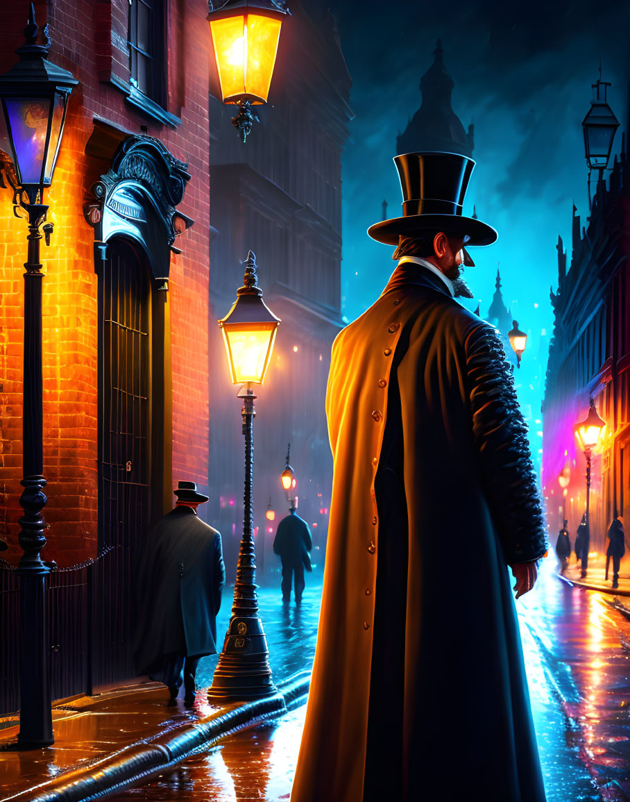 Victorian man in top hat on rainy gas-lit street at night