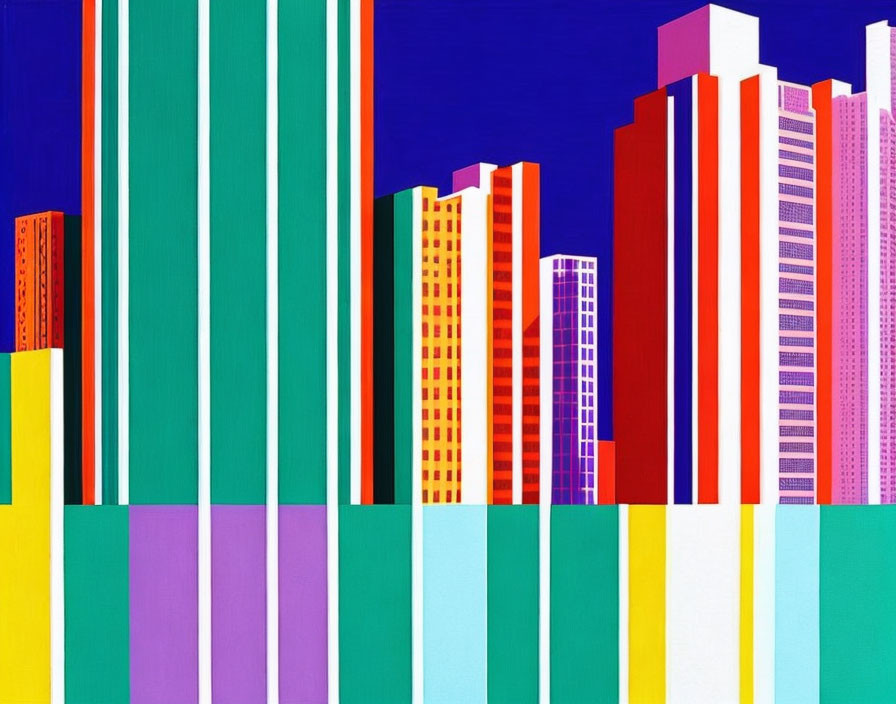 Colorful Abstract Cityscape Painting with Geometric High-Rise Buildings