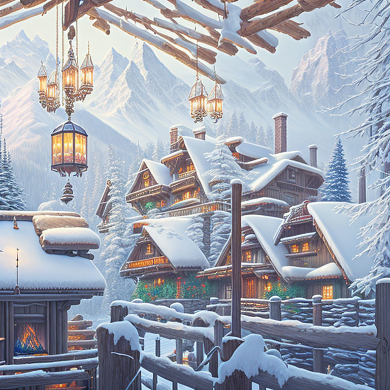 Winter cabin with lanterns and decorations in snowy mountain scene