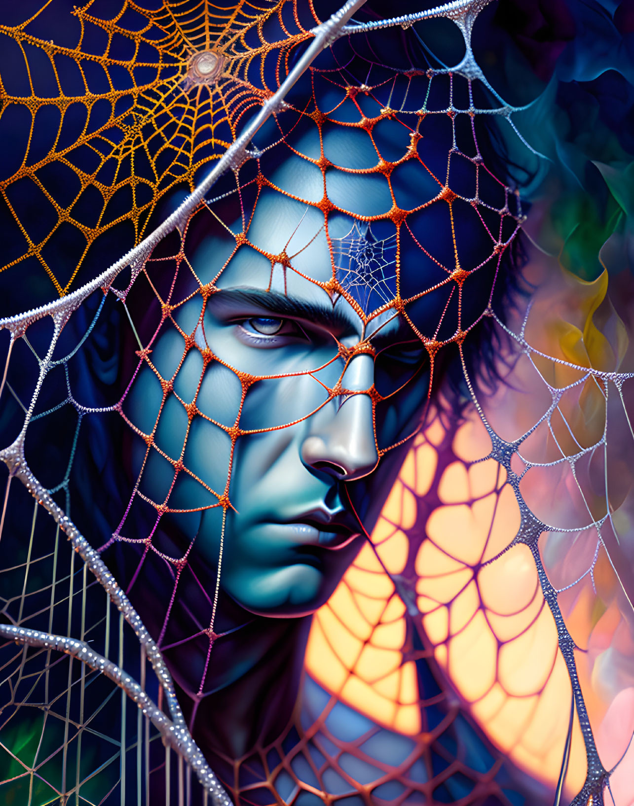 Blue-skinned person in spider web with orange and purple backdrop