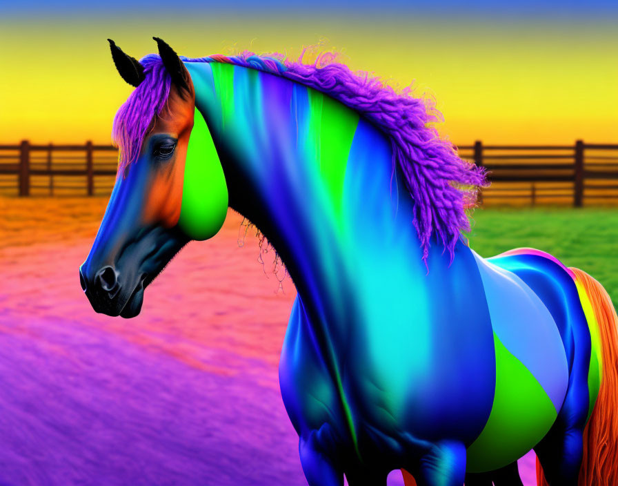 Colorful Purple Mane Horse at Sunset Fence