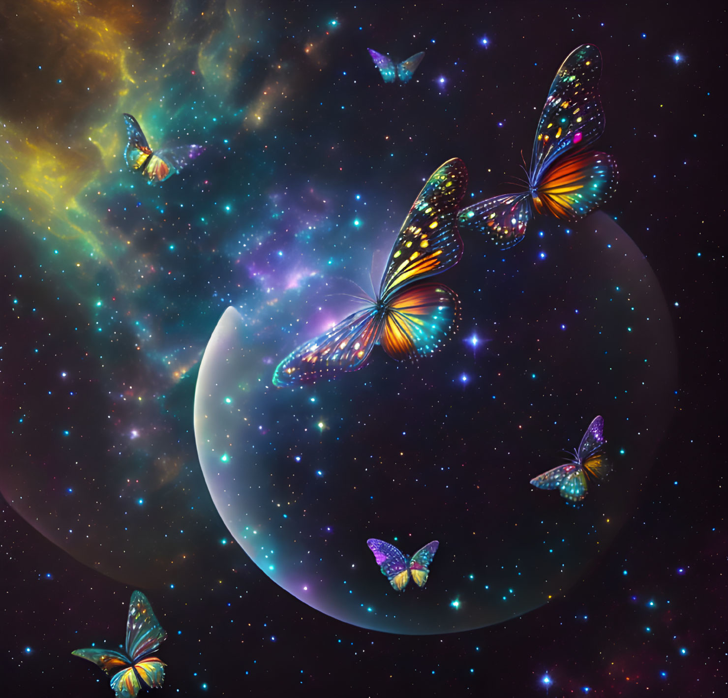 Crescent Moon and Luminous Butterflies in Cosmic Setting