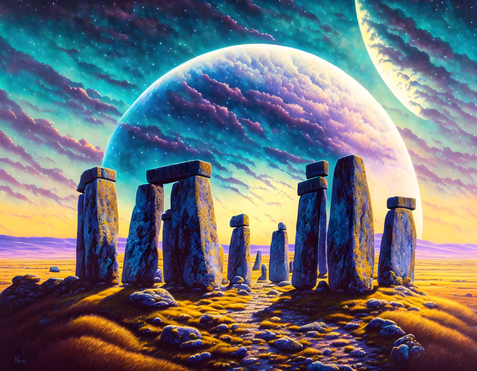 Vibrant painting of Stonehenge with giant planet and starlit sky