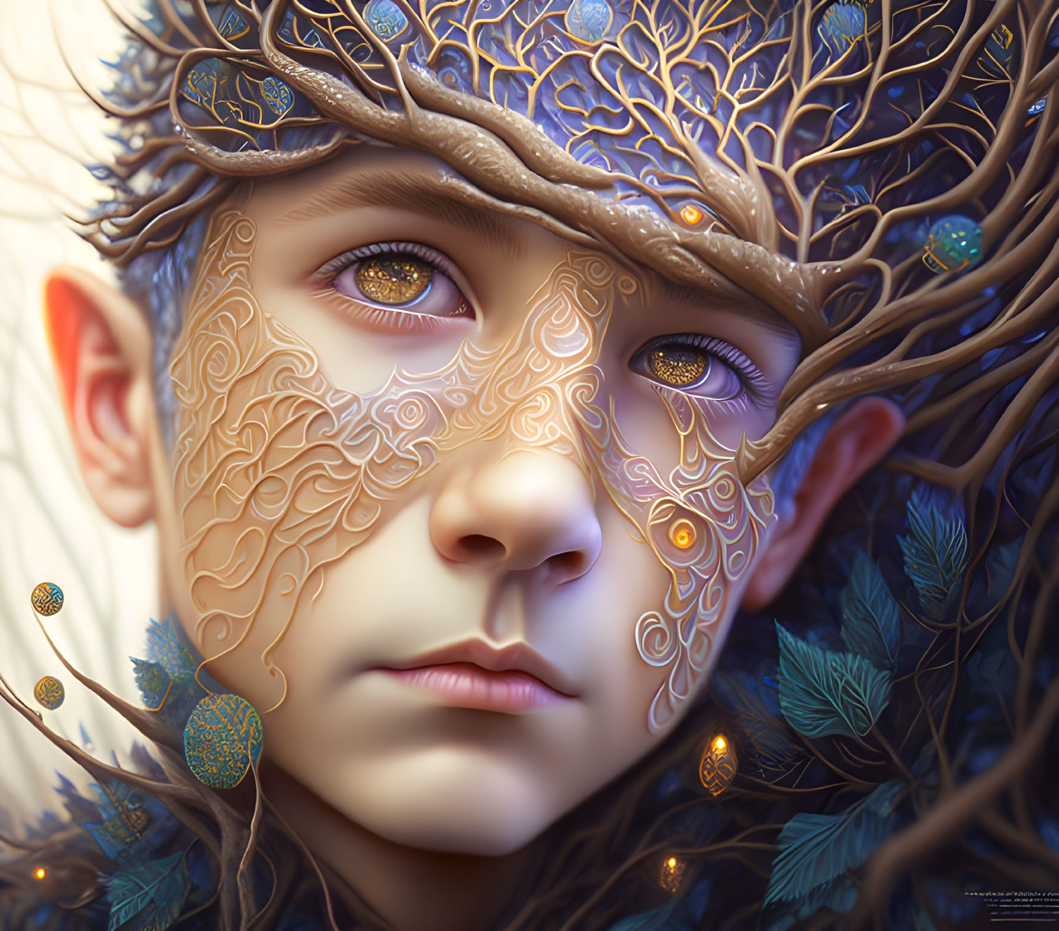 Child with golden patterns, tree branches, detailed eyes