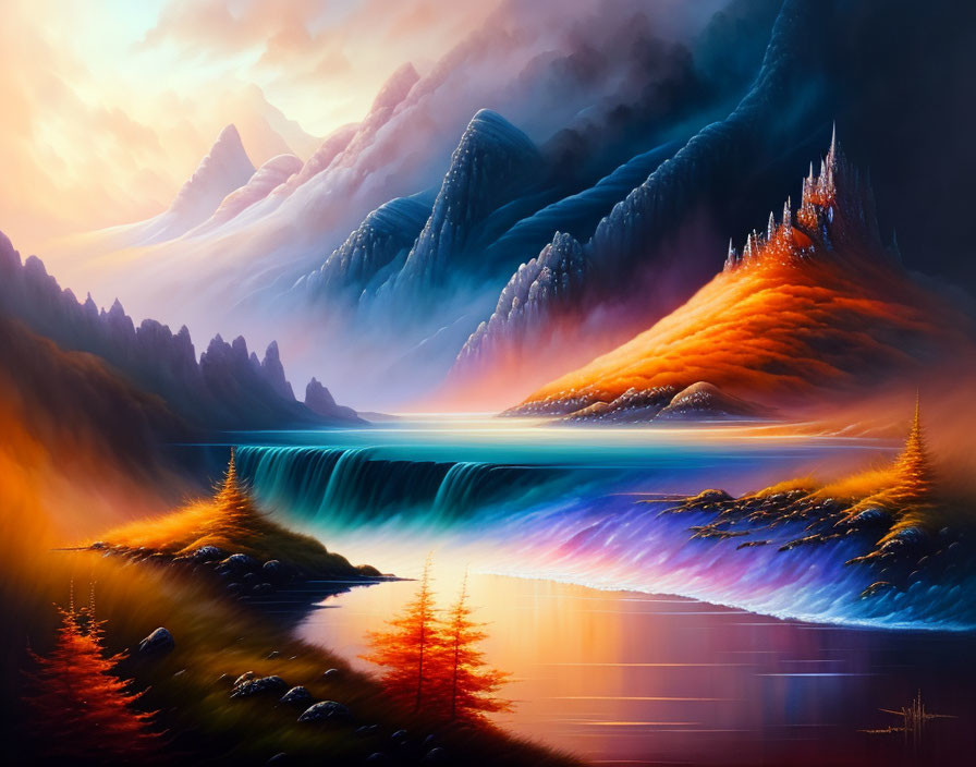 Multicolored Waterfall in Ethereal Landscape with Autumn Trees