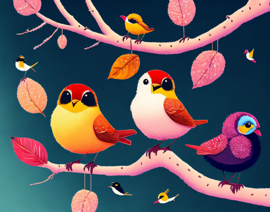 Vibrant stylized birds on pink branches against blue gradient.