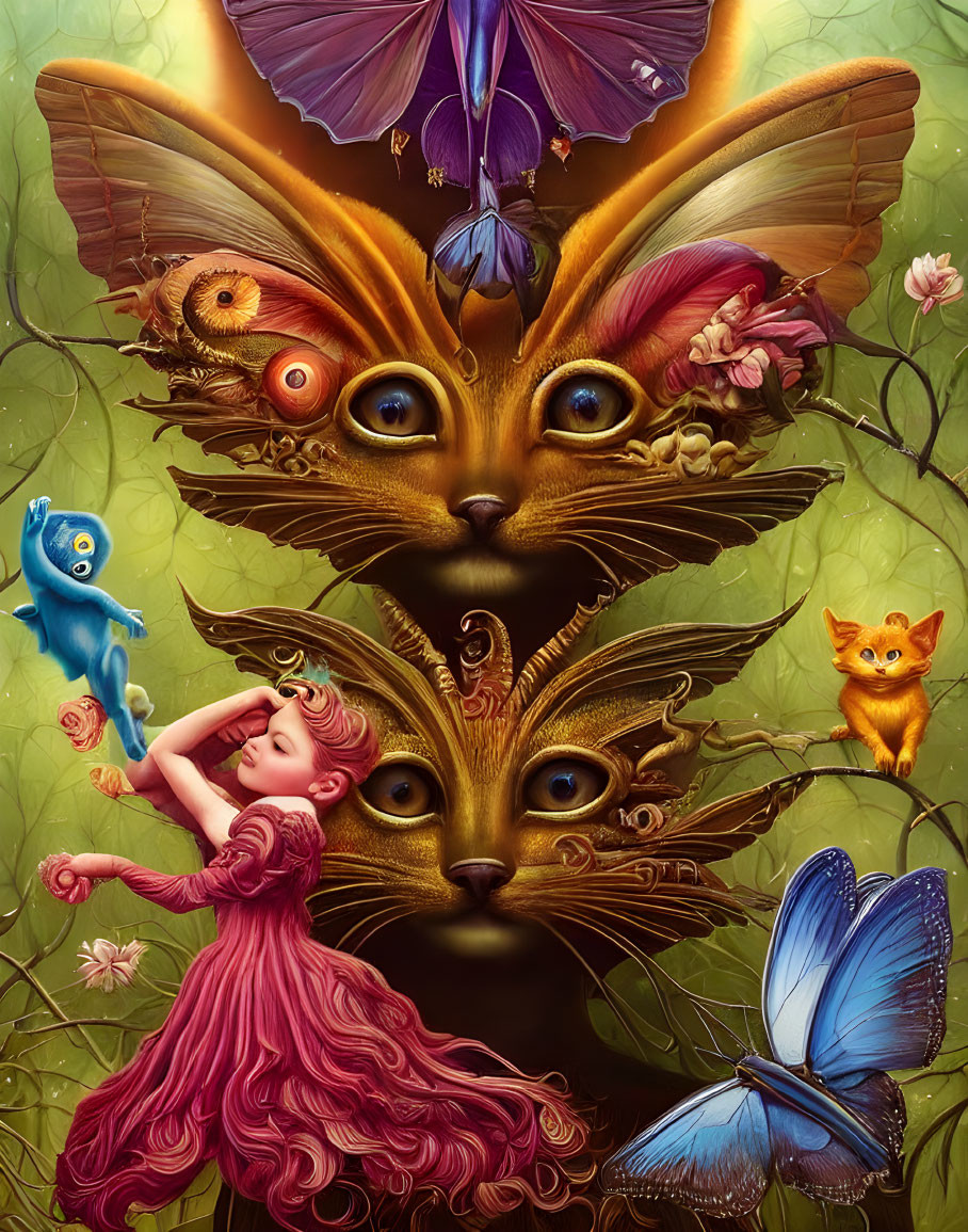 Fantastical surreal illustration featuring woman and cat-faced creature