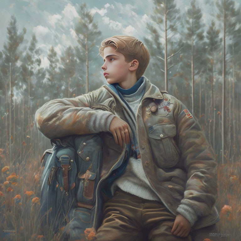 Young boy in vintage pilot jacket gazes into distance in wooded area