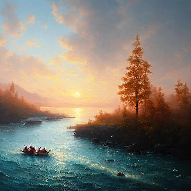 Tranquil river scene at sunset with golden light, mist, trees, and people rowing.