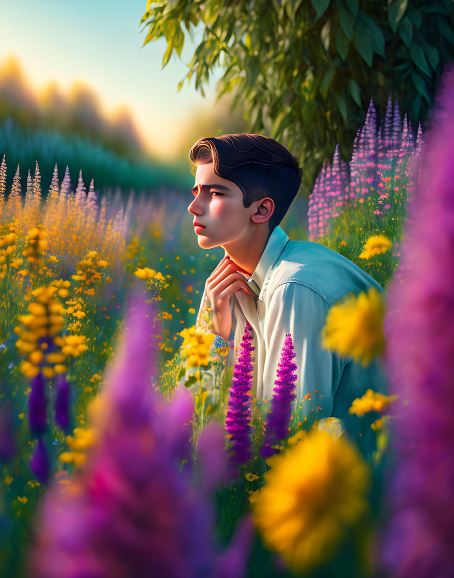 Digital illustration of young man surrounded by vibrant flowers at twilight