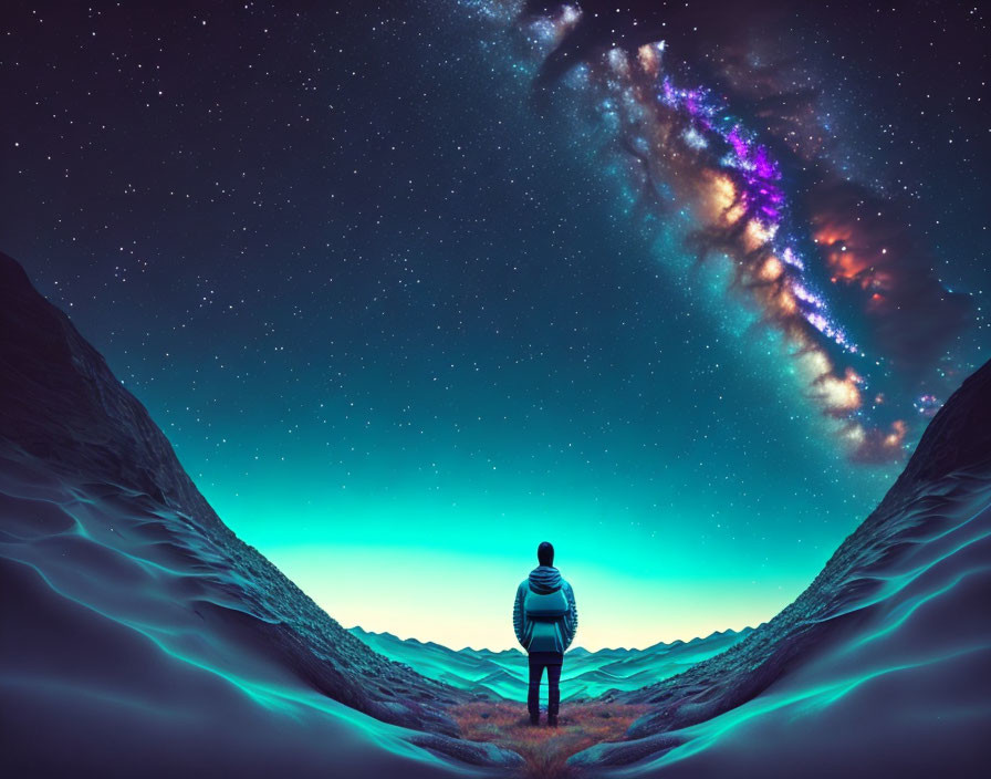 Person between two hills under starry sky with vibrant galactic view