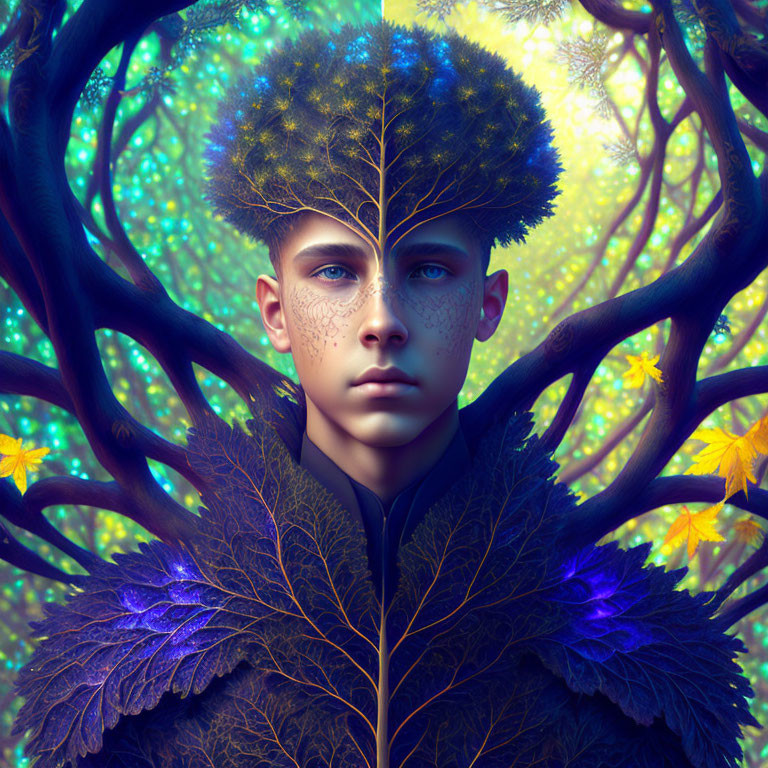 Boy with Tree-Like Features and Blue Eyes in Mystical Forest