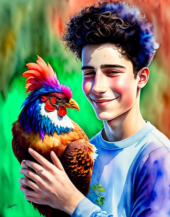 Smiling young person with curly hair holding colorful rooster on green background