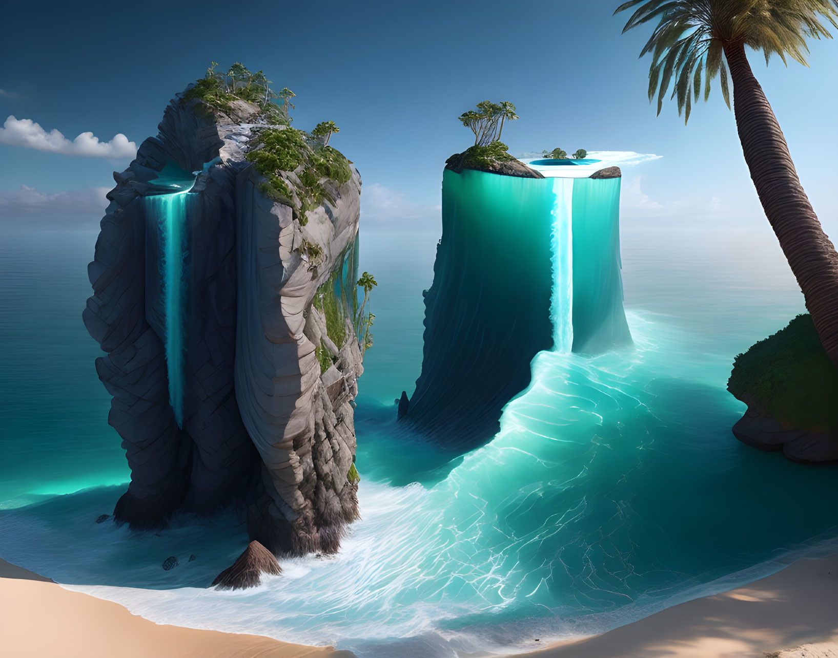 Rocky islands with waterfalls, turquoise sea, sandy beach, lone palm tree