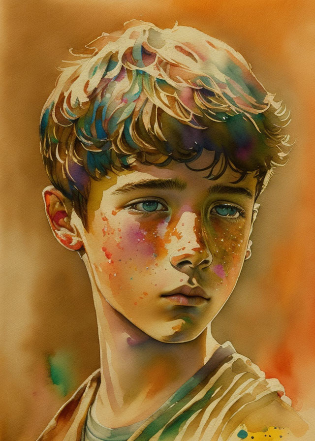 Young boy watercolor portrait with blue eyes and colorful paint splatters