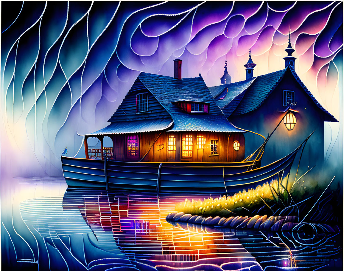 Colorful digital artwork: Cozy house on pier by water under purple sky