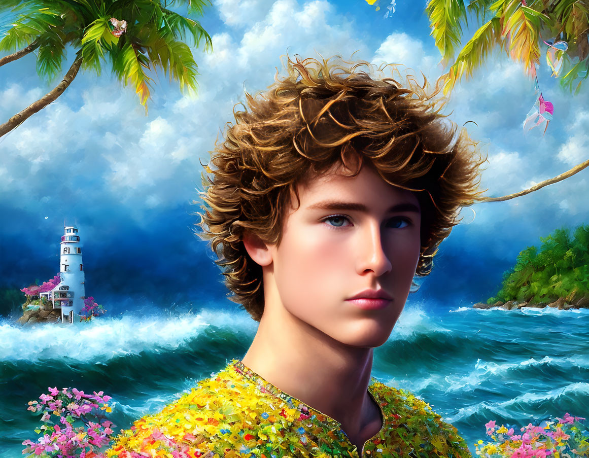 Digital art portrait of young person with curly hair in vibrant tropical setting.